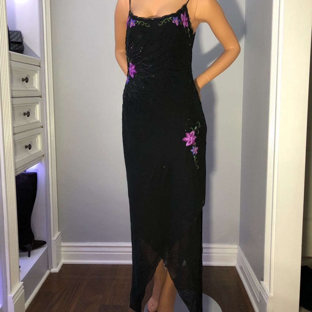 Black silk embroidered and beaded gown size 6